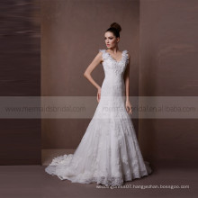 Classical V-neck Flowers Straps Mermaid Lace Wedding Party Dress Sweep Train